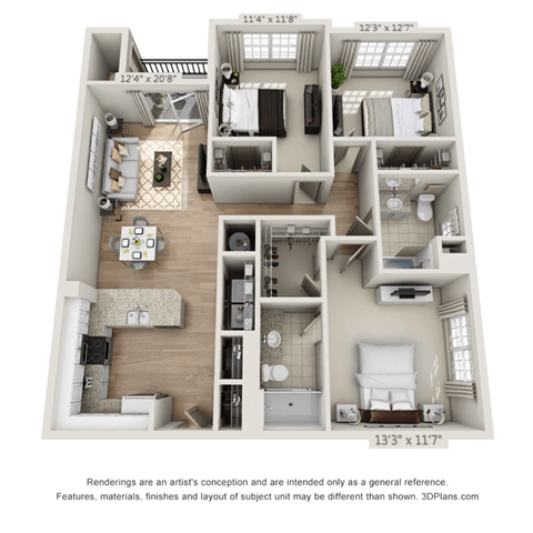 Floor plan for 3 beds, 2 baths, 1306 sqft